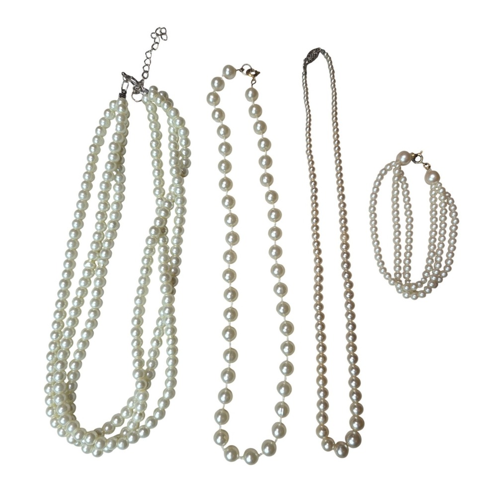 Vintage Faux Pearl Jewelry Set 3 Necklaces 1 Bracelet Creamy White Stran D4